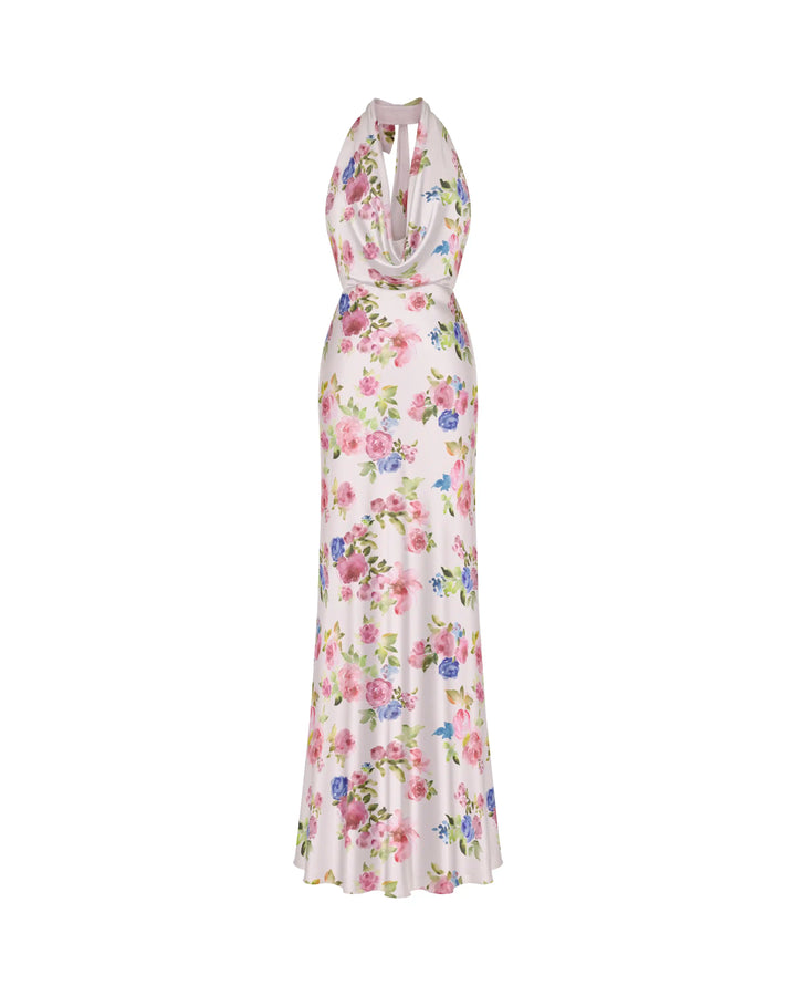 Alia maxi, maxi dress in light pink satin with a floral print