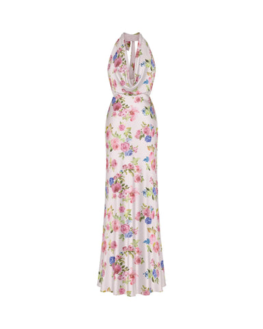 Alia maxi, maxi dress in light pink satin with a floral print