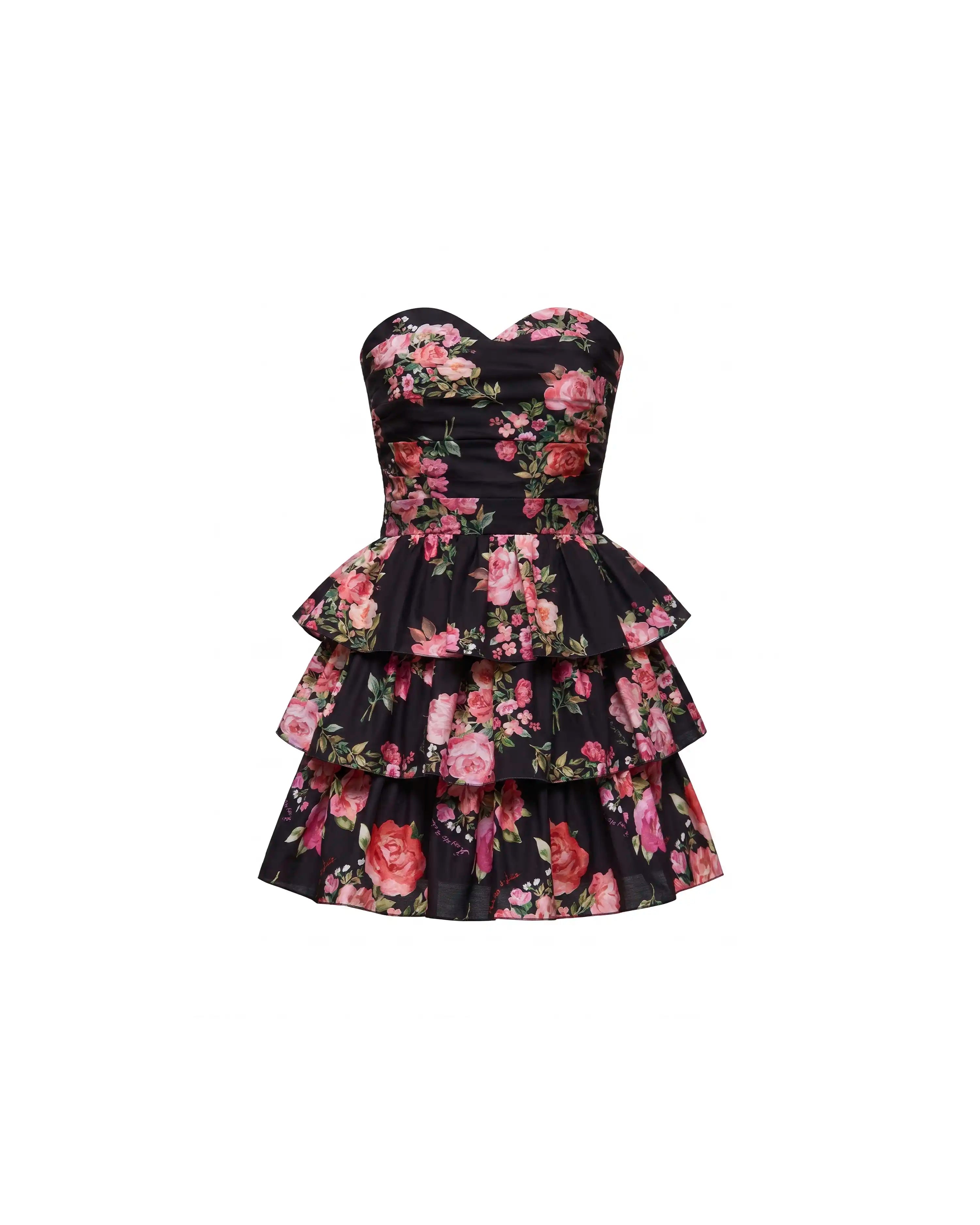 Irma mini, mini dress in black batiste with medium pink flowers