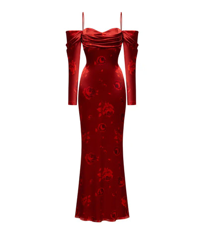 Marlen, maxi dress made of burgundy satin with red flowers
