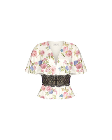 Yasmin, milky satin blouse with a floral print and black lace trim