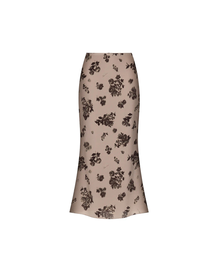 Kerelin midi, beige crepe de chine midi skirt with chocolate flowers