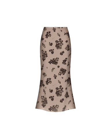 Kerelin midi, beige crepe de chine midi skirt with chocolate flowers