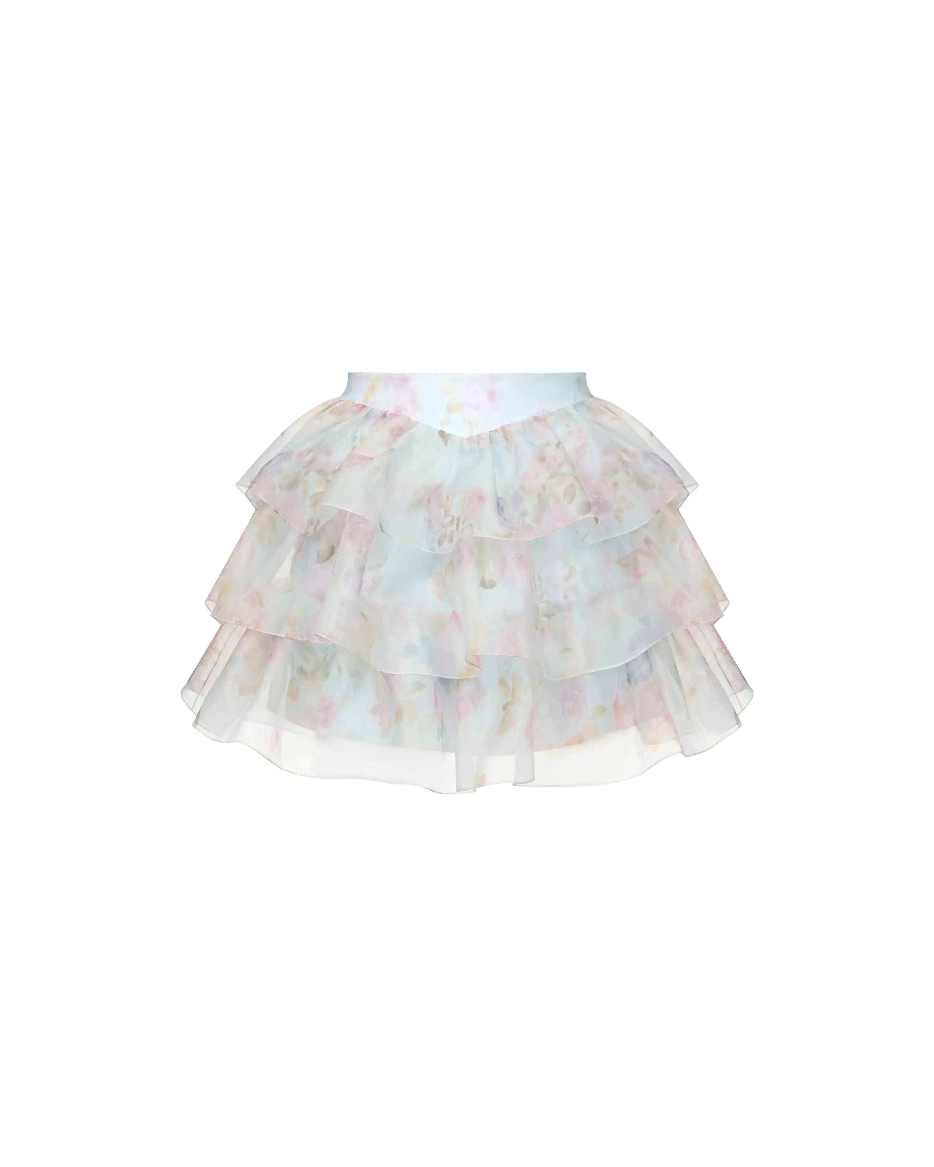 Betty mini, blue organza mini skirt with a large-scale floral print