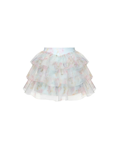 Betty mini, blue organza mini skirt with a large-scale floral print
