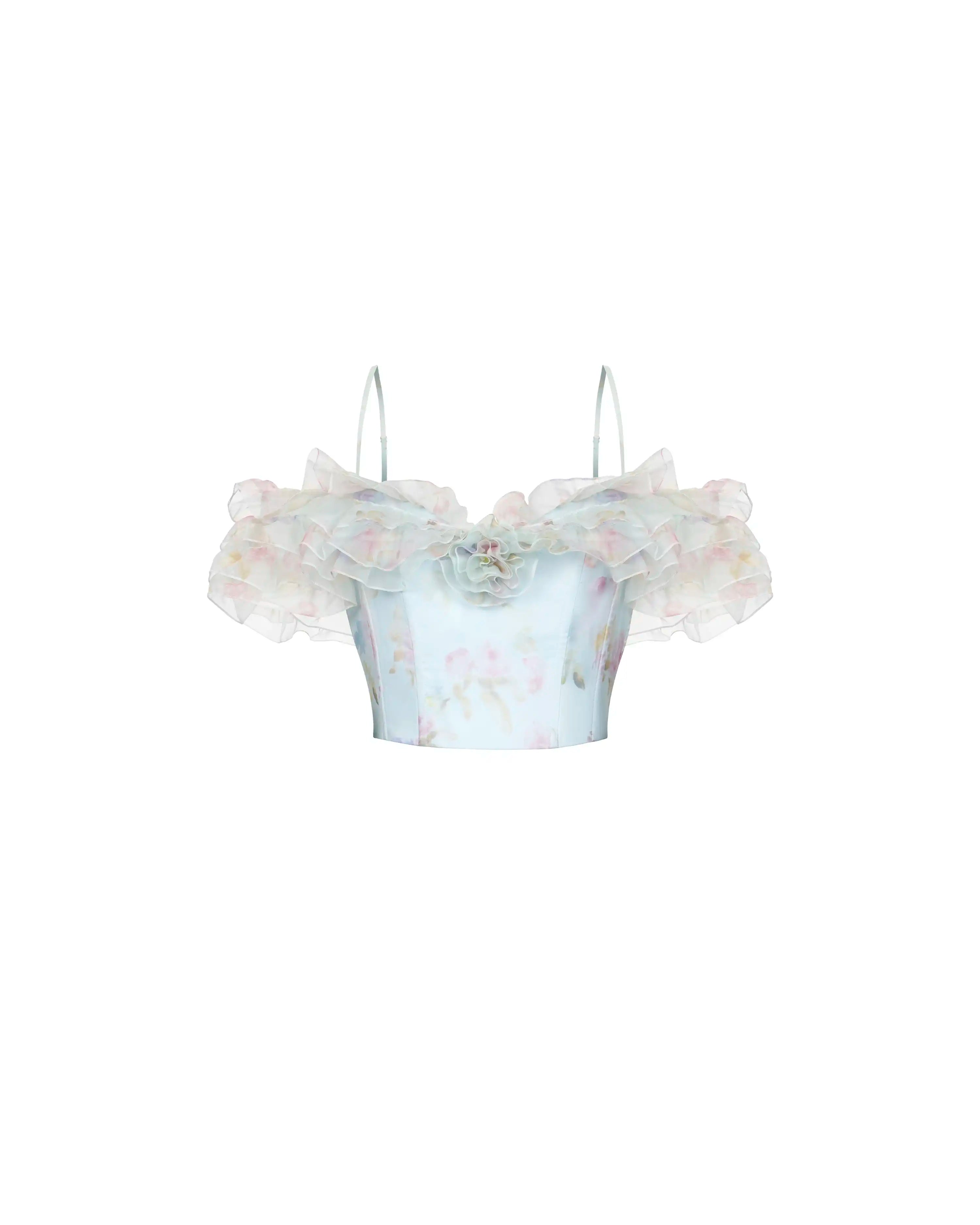 May, blue organza top with a floral print