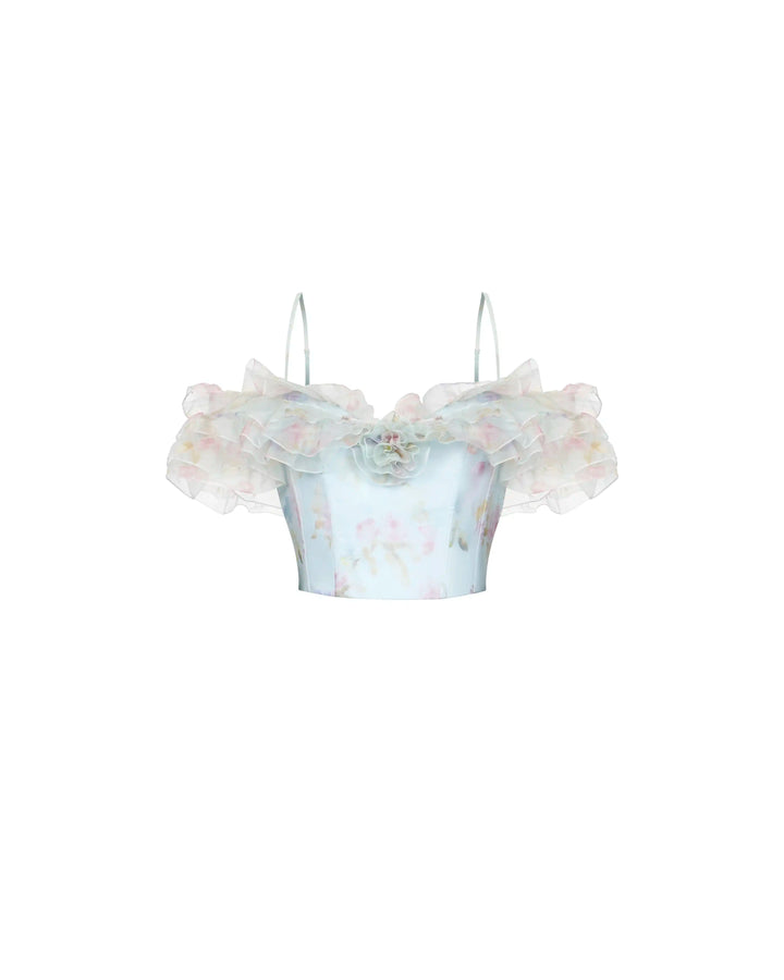May, blue organza top with a floral print