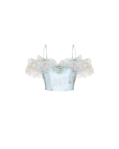 May, blue organza top with a floral print