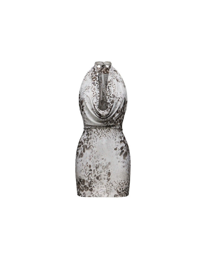 Alia mini, ivory mesh mini dress with animal print