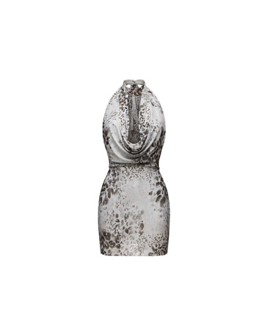 Alia mini, ivory mesh mini dress with animal print