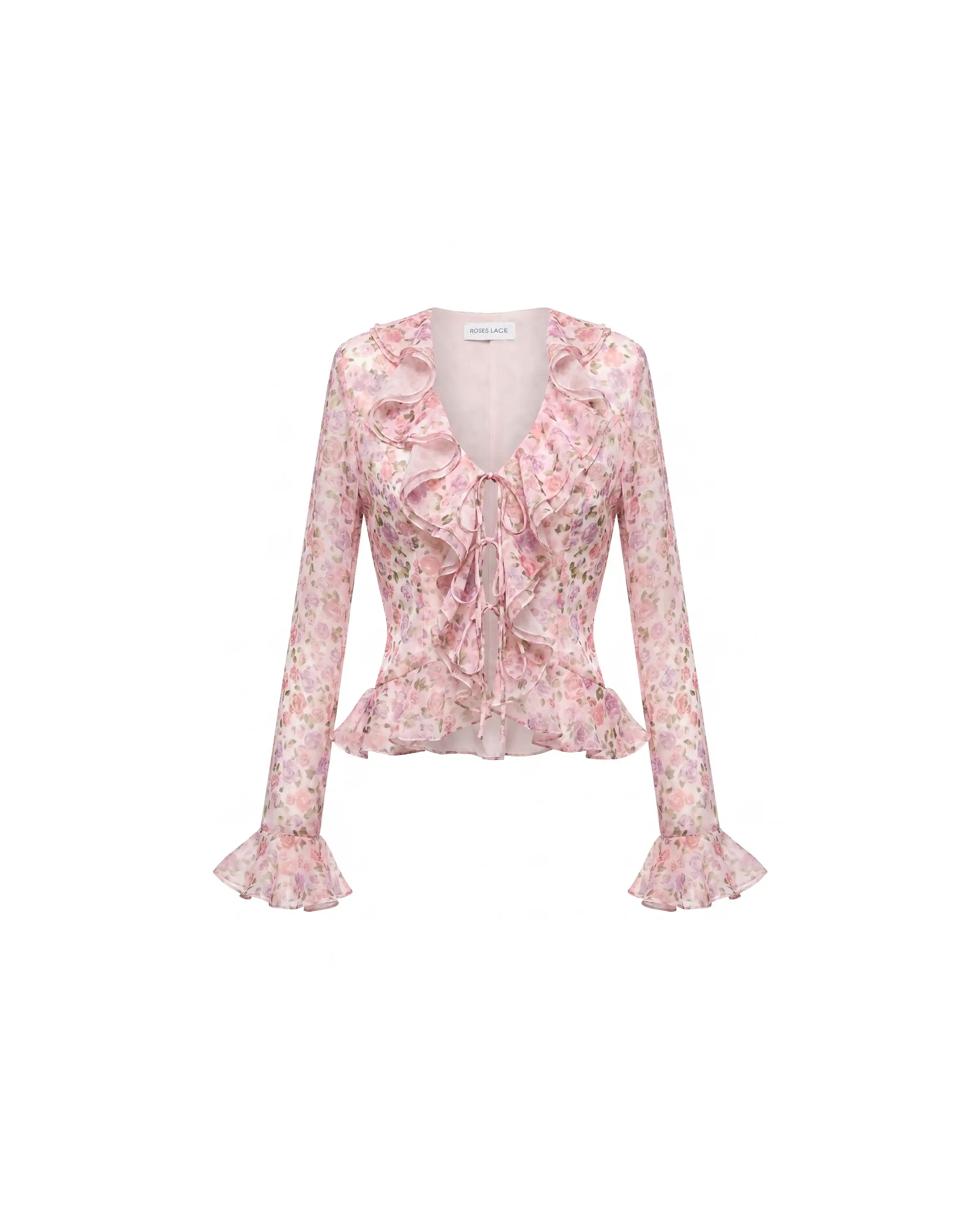 Ruzana, blouse with sleeves and ruffles in milky chiffon with a floral print