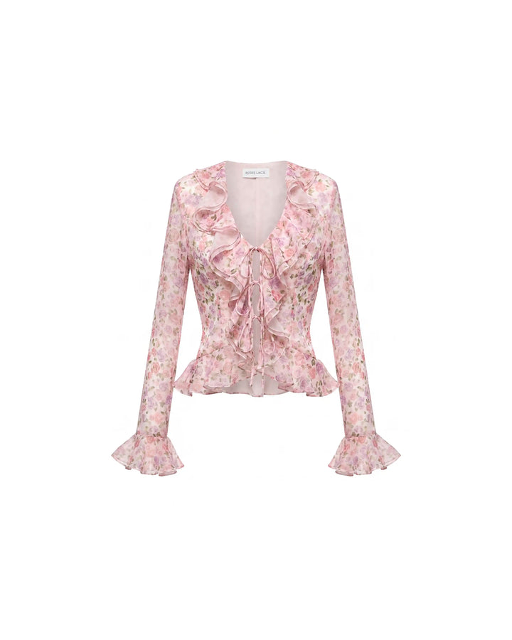 Ruzana, blouse with sleeves and ruffles in milky chiffon with a floral print
