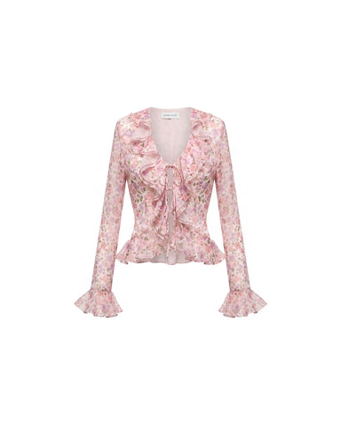 Ruzana, blouse with sleeves and ruffles in milky chiffon with a floral print