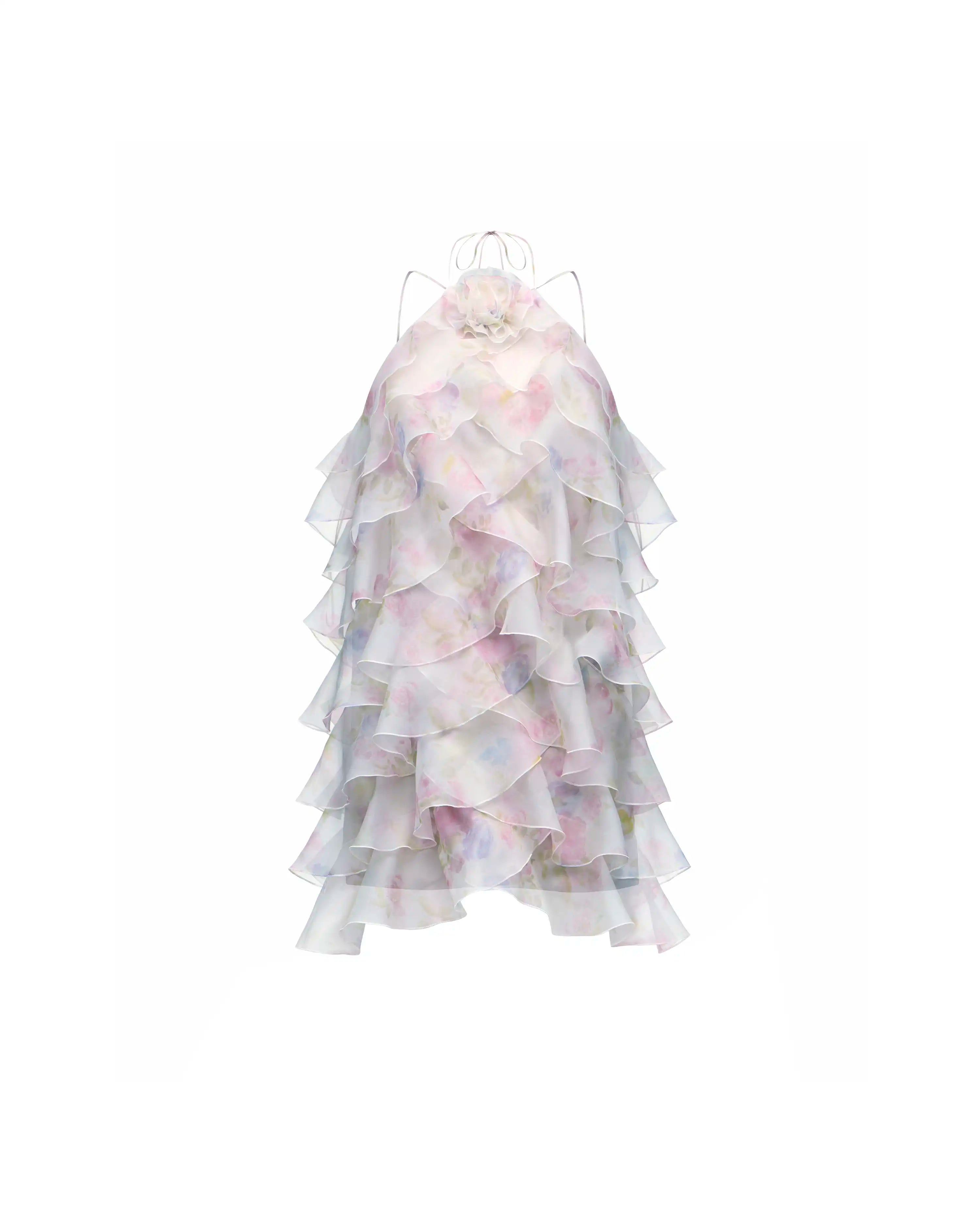 Dahlia mini, blue organza mini dress with a floral print