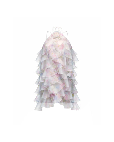 Dahlia mini, blue organza mini dress with a floral print