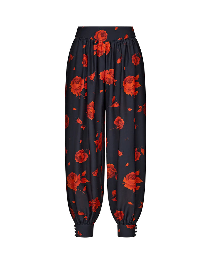 Evie, black batiste trousers with a floral print