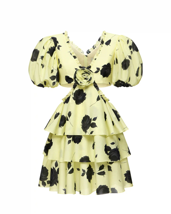Kelly mini, mini dress made of yellow batiste with gray flowers