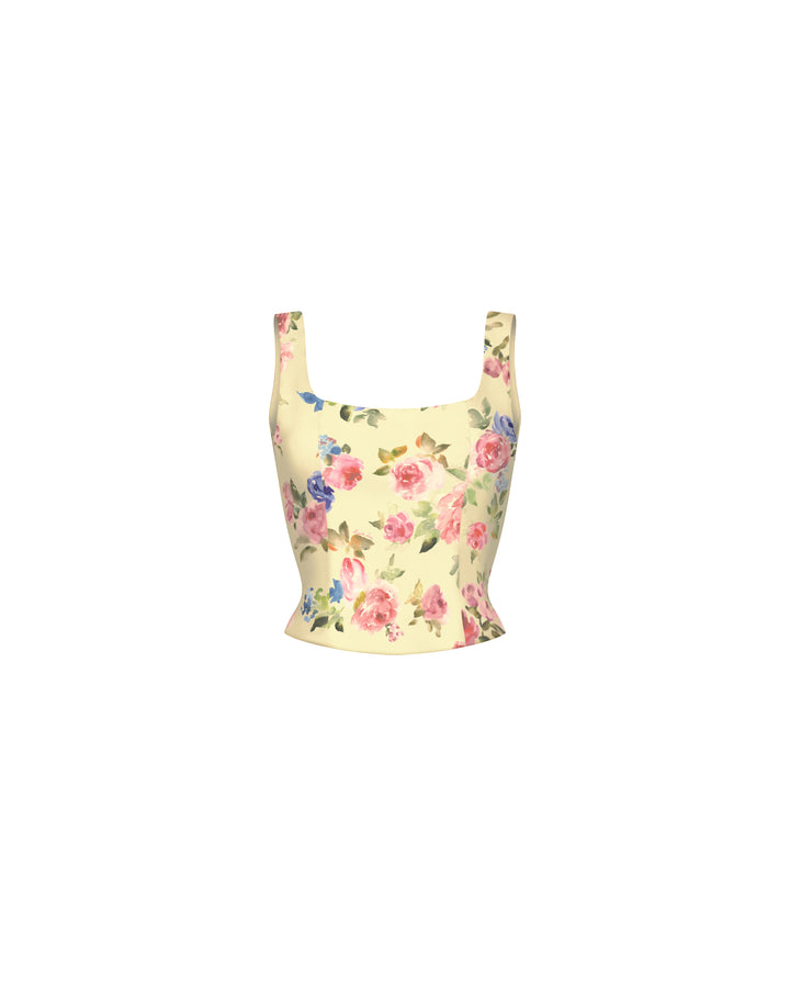 Vi, corset top with straps made of pale yellow crepe de chine with a floral print