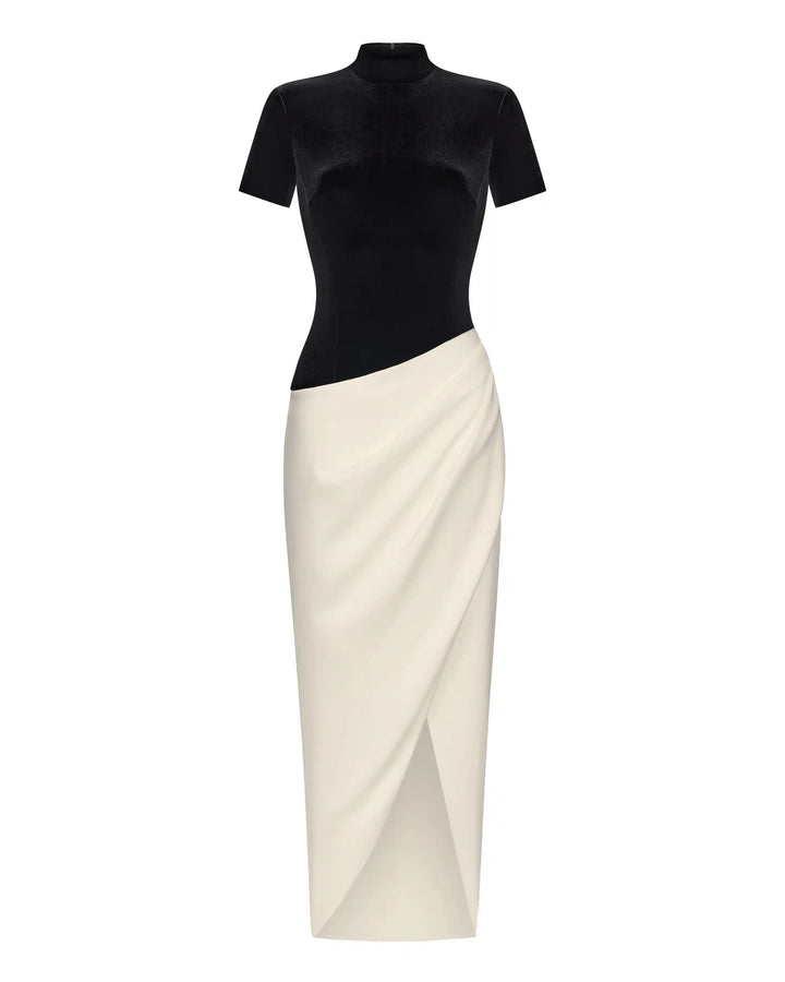 Celine, midi dress with a top made of black velvet and a skirt of ivory satin