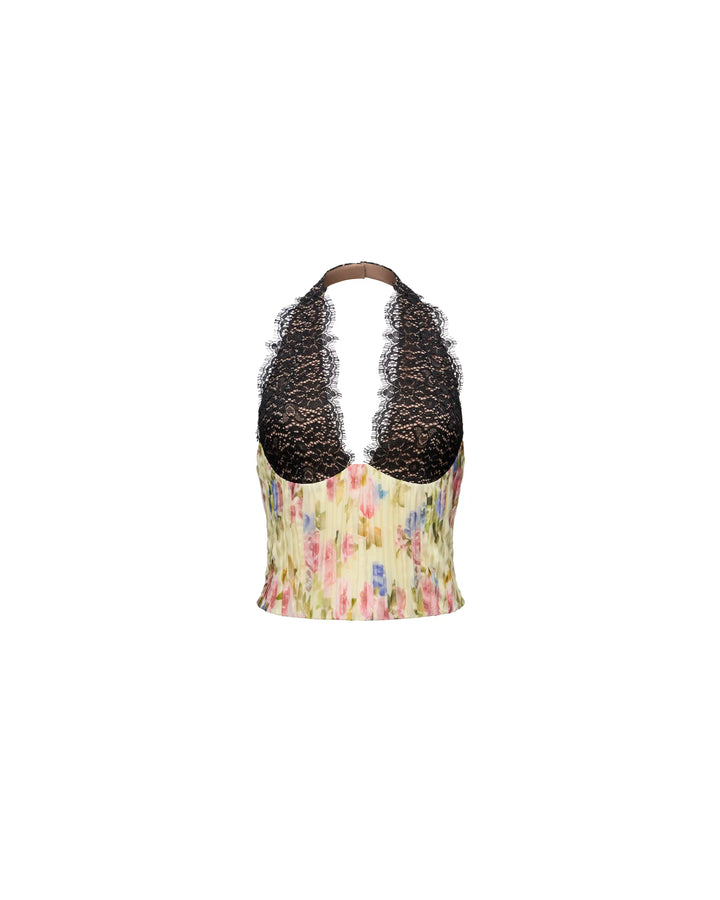 Liv top, top in pale yellow chiffon with a floral print and lace
