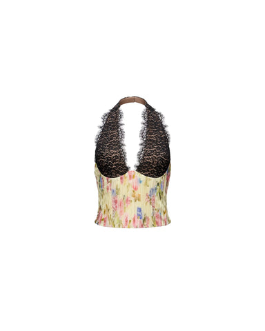 Liv top, top in pale yellow chiffon with a floral print and lace