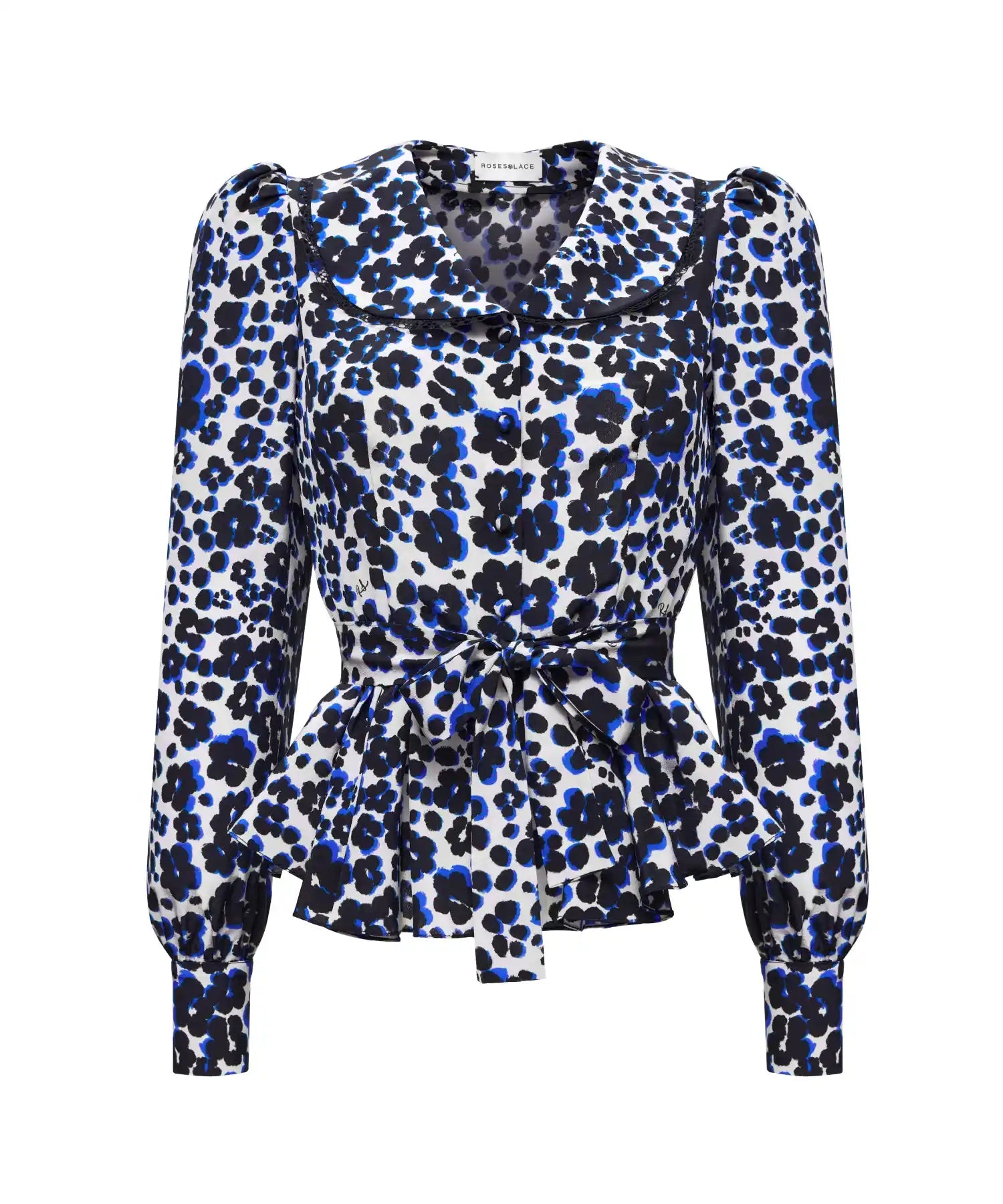 Rosetta, milky crepe de chine blouse with medium black flowers