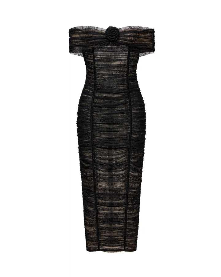 Fibi, midi dress made of black lace with a rose