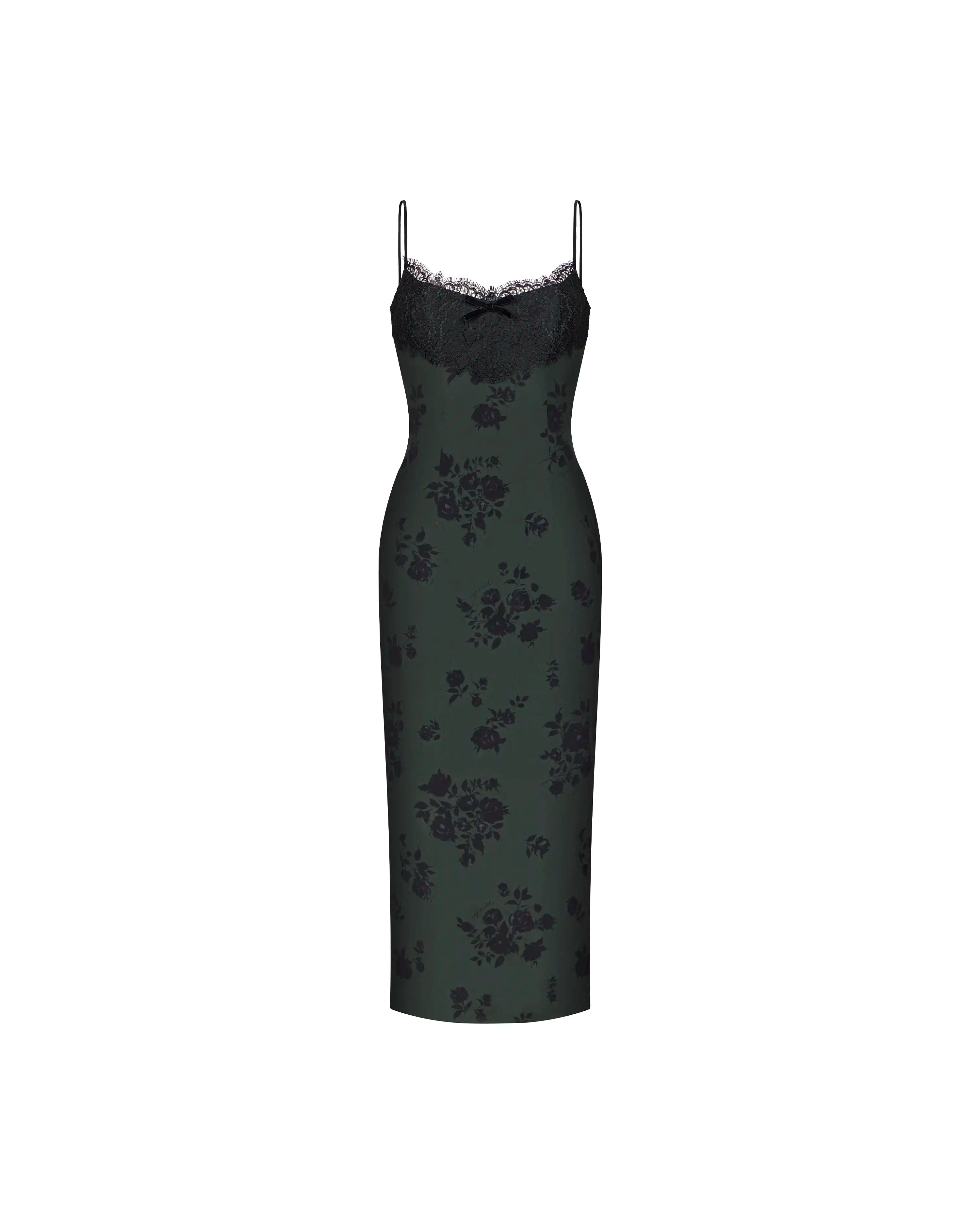 Andreana midi, dark green crepe de chine midi dress with black flowers