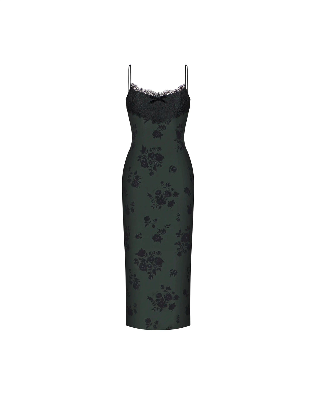 Andreana midi, dark green crepe de chine midi dress with black flowers