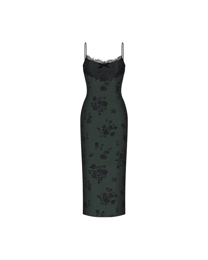 Andreana midi, dark green crepe de chine midi dress with black flowers