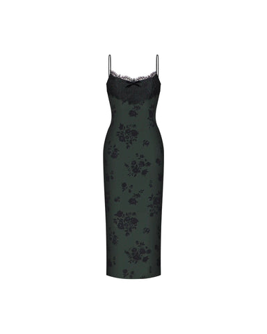 Andreana midi, dark green crepe de chine midi dress with black flowers