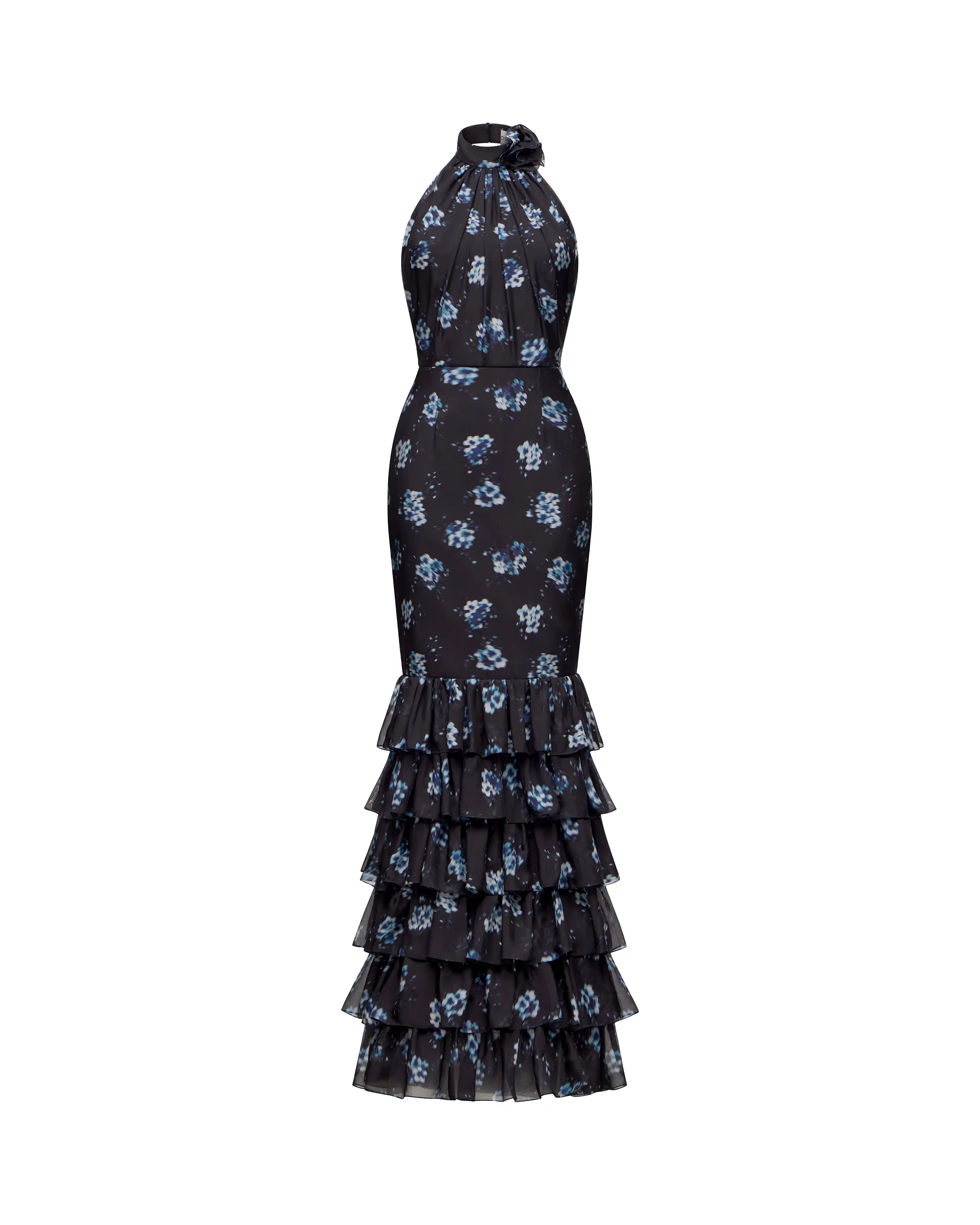 Rozalia maxi, black chiffon maxi dress with a medium floral print and a rose detail
