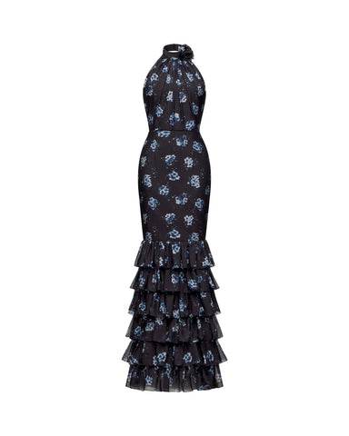 Rozalia maxi, black chiffon maxi dress with a medium floral print and a rose detail