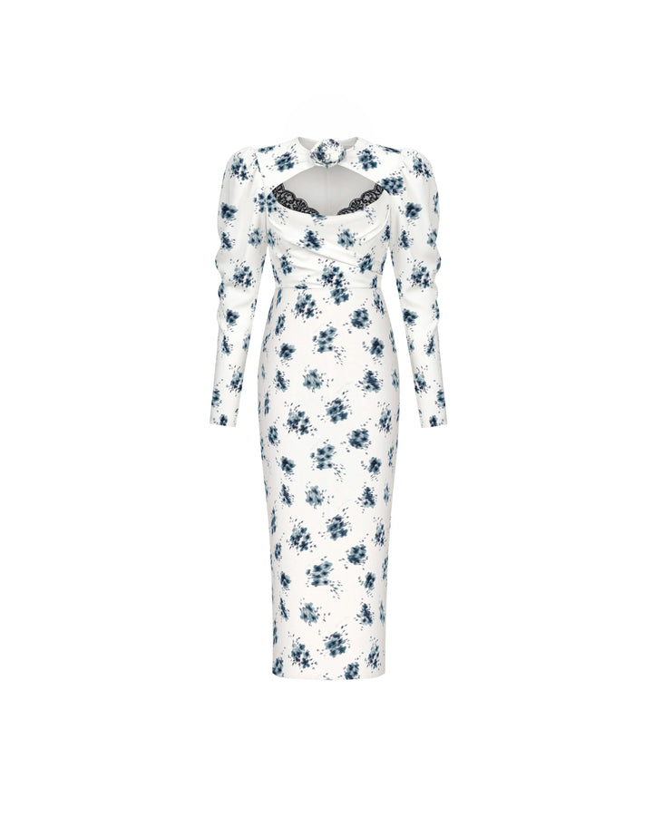 Macel midi, milky crepe de chine midi dress with floral print