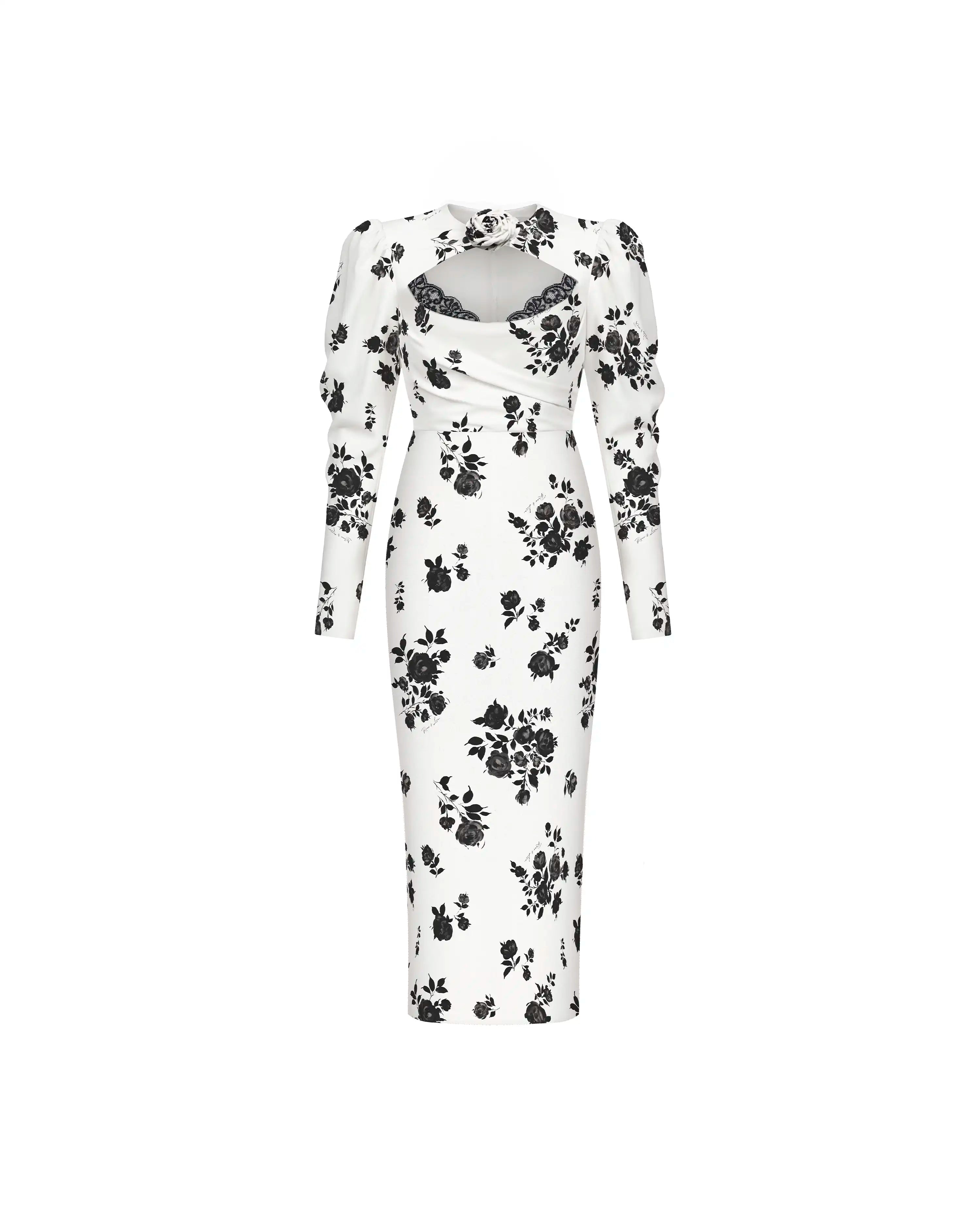 Macel midi, milky crepe de chine midi dress with floral print