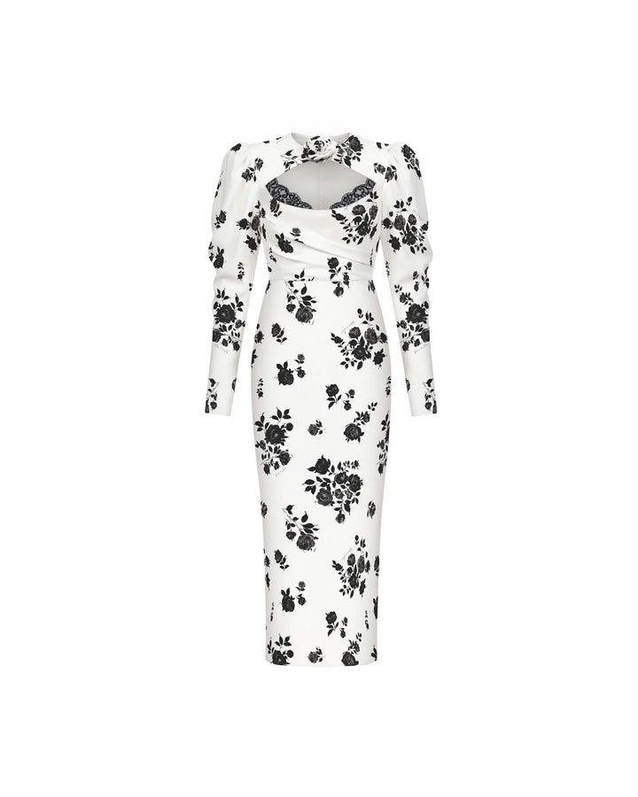 Macel midi, milky crepe de chine midi dress with floral print