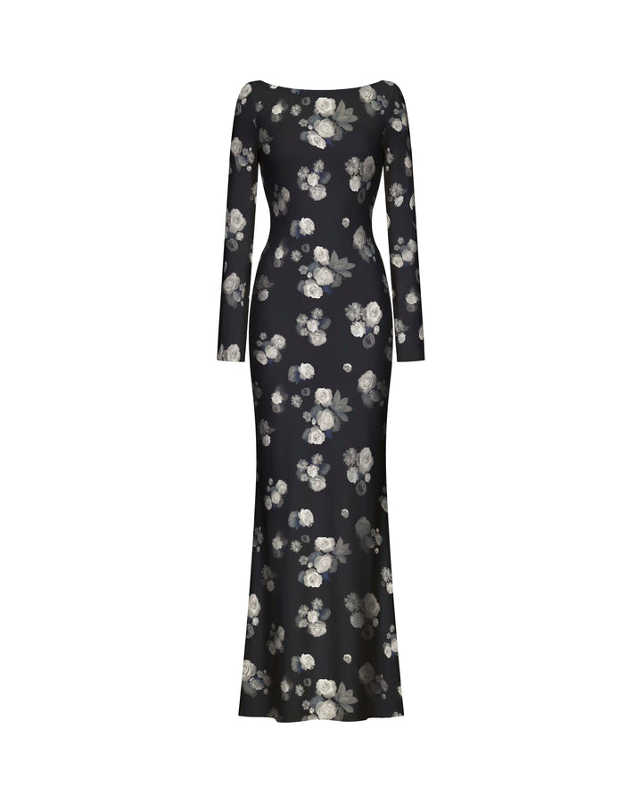 Netty maxi, maxi dress in black biflex with a floral print