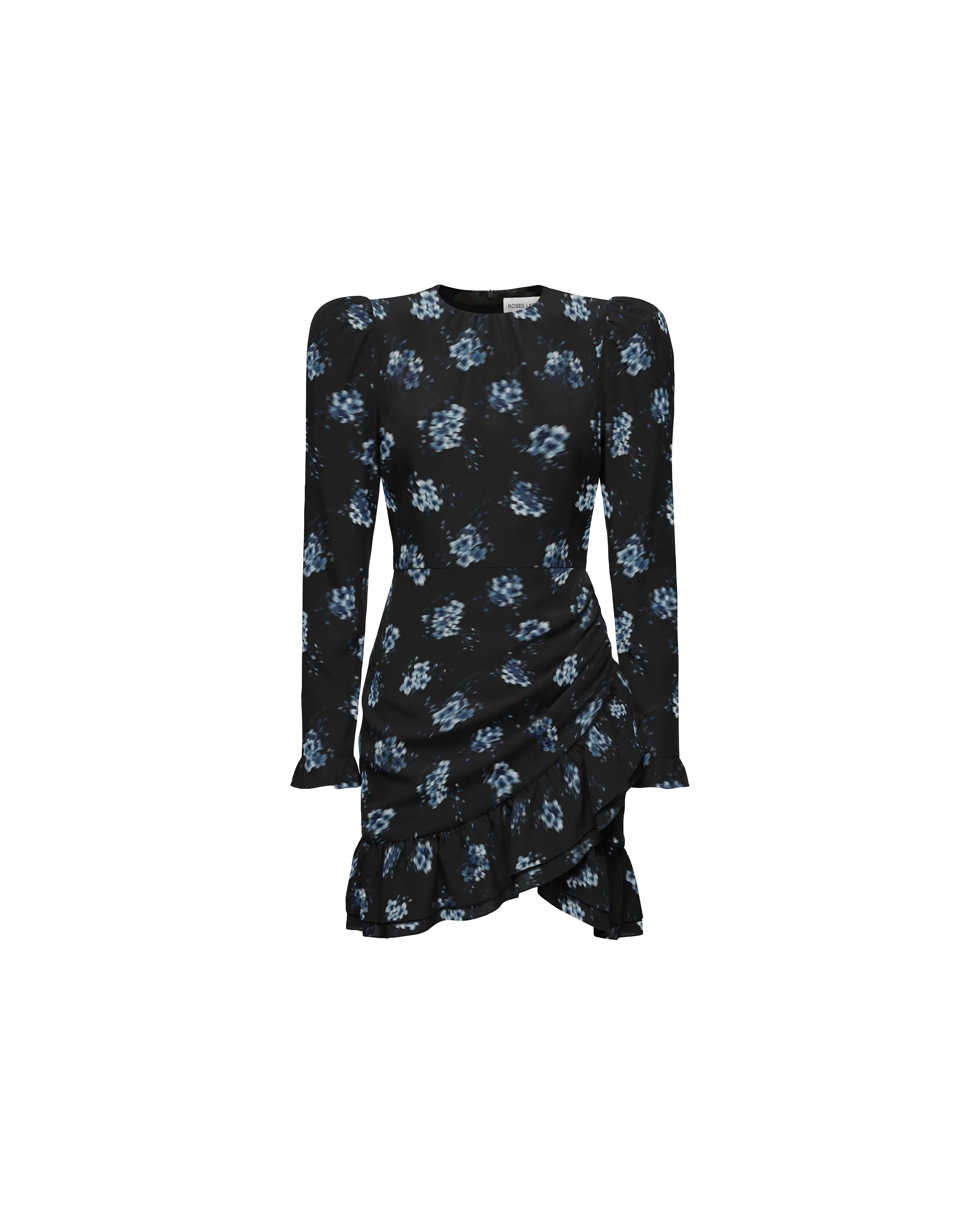Charlotte mini, black crepe de chine mini dress with floral print