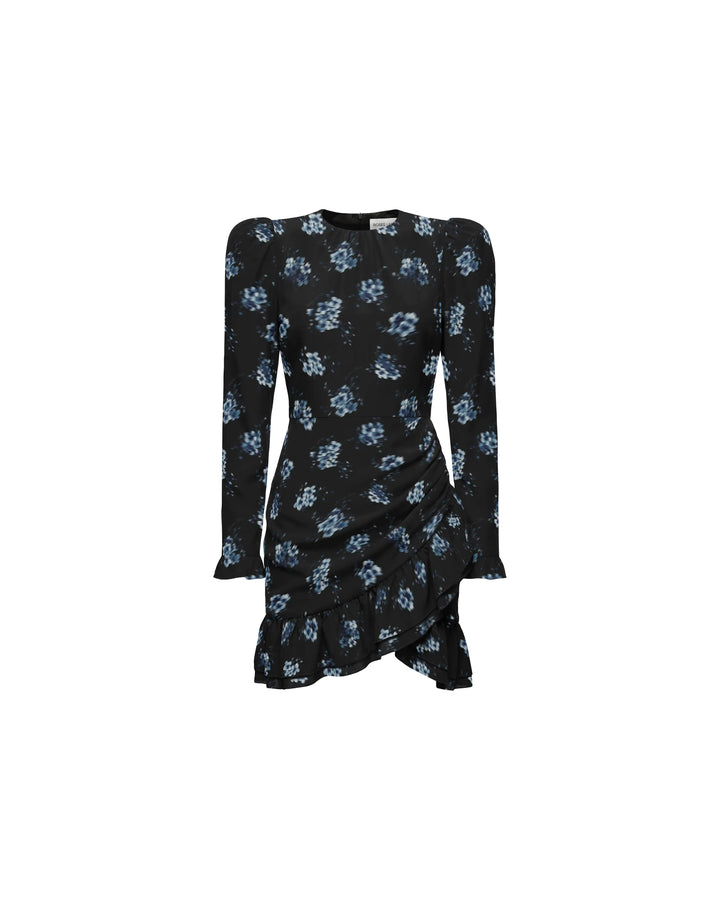 Charlotte mini, black crepe de chine mini dress with floral print