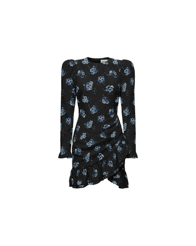 Charlotte mini, black crepe de chine mini dress with floral print