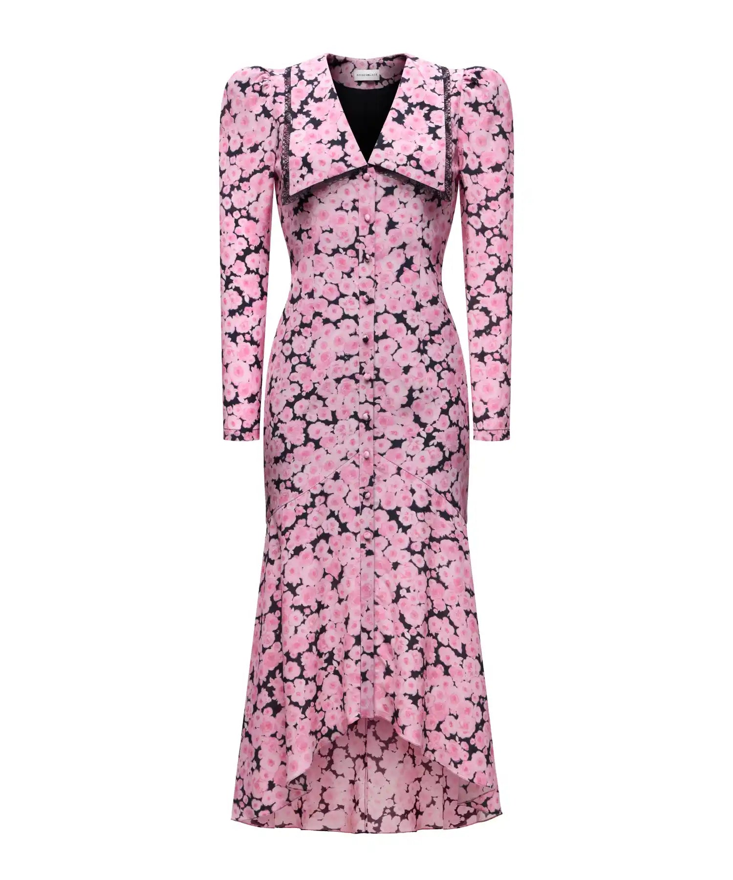 Audrice, black crepe de chine midi dress with medium pink flowers