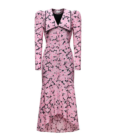 Audrice, black crepe de chine midi dress with medium pink flowers