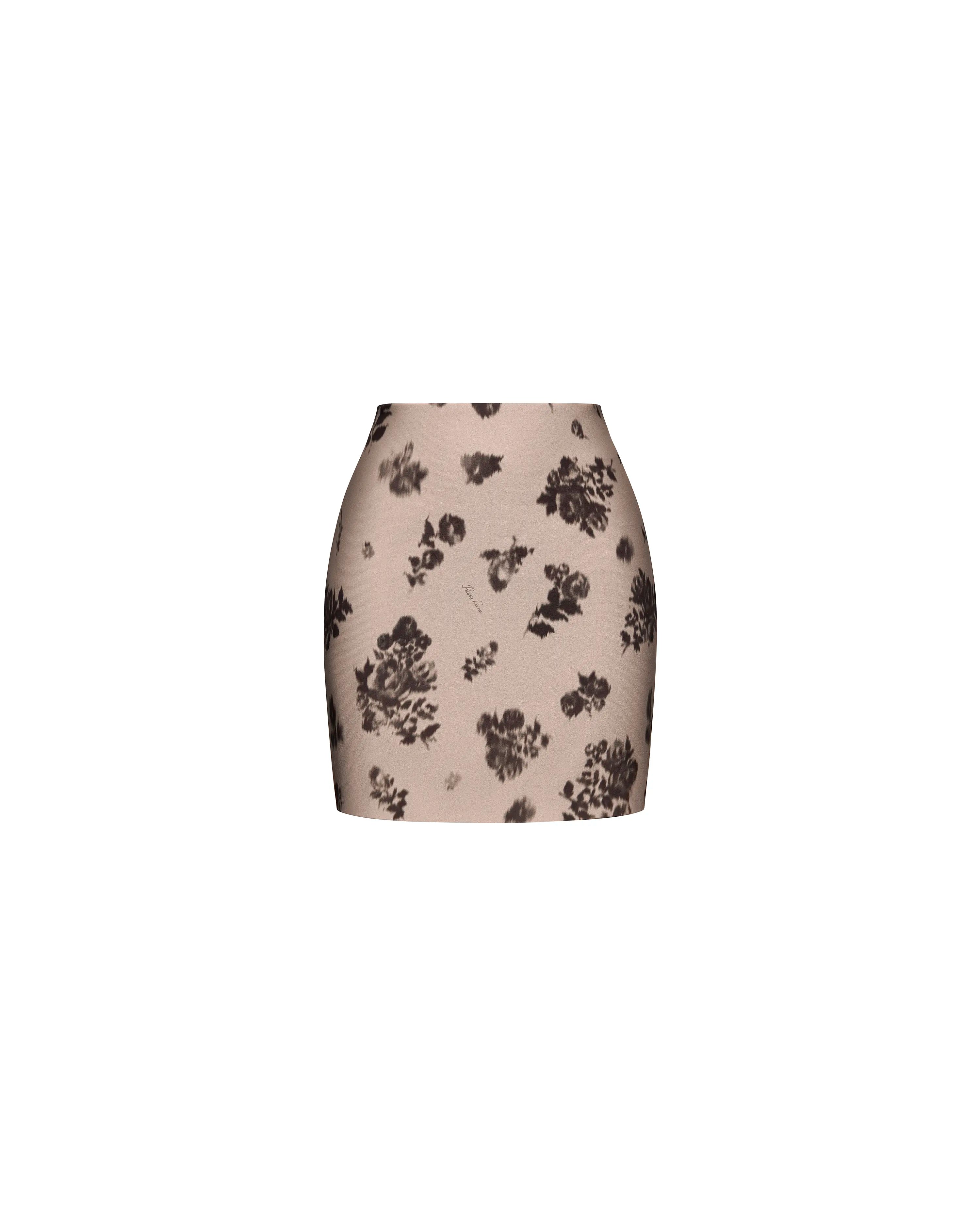 Mona mini, beige crepe de chine mini skirt with chocolate flowers