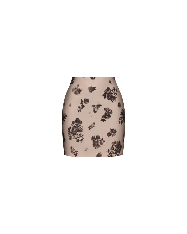 Mona mini, beige crepe de chine mini skirt with chocolate flowers