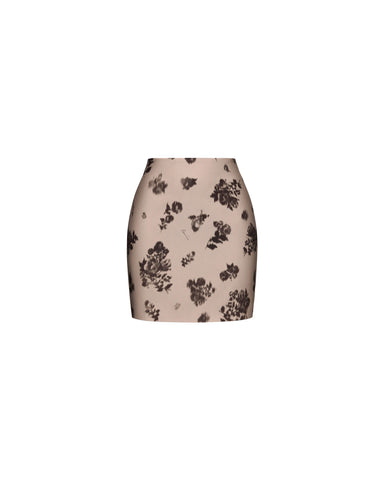 Mona mini, beige crepe de chine mini skirt with chocolate flowers
