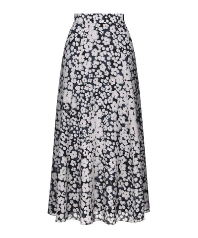 Olivia, black crepe de chine midi skirt with medium milky flowers