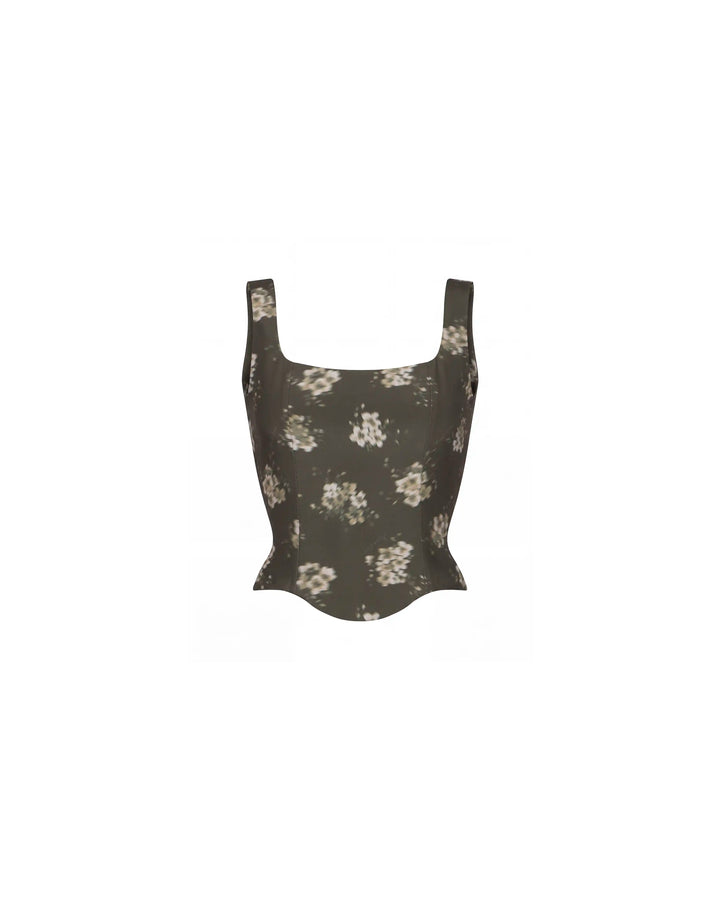 Vi, khaki chiffon corset top with ivory flowers