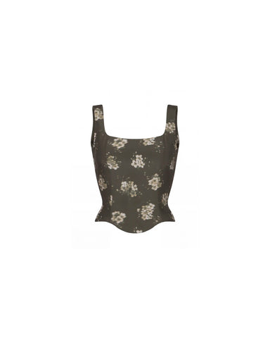 Vi, khaki chiffon corset top with ivory flowers