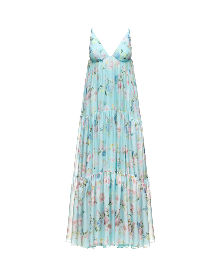 Fleur maxi, blue chiffon maxi dress with a floral print