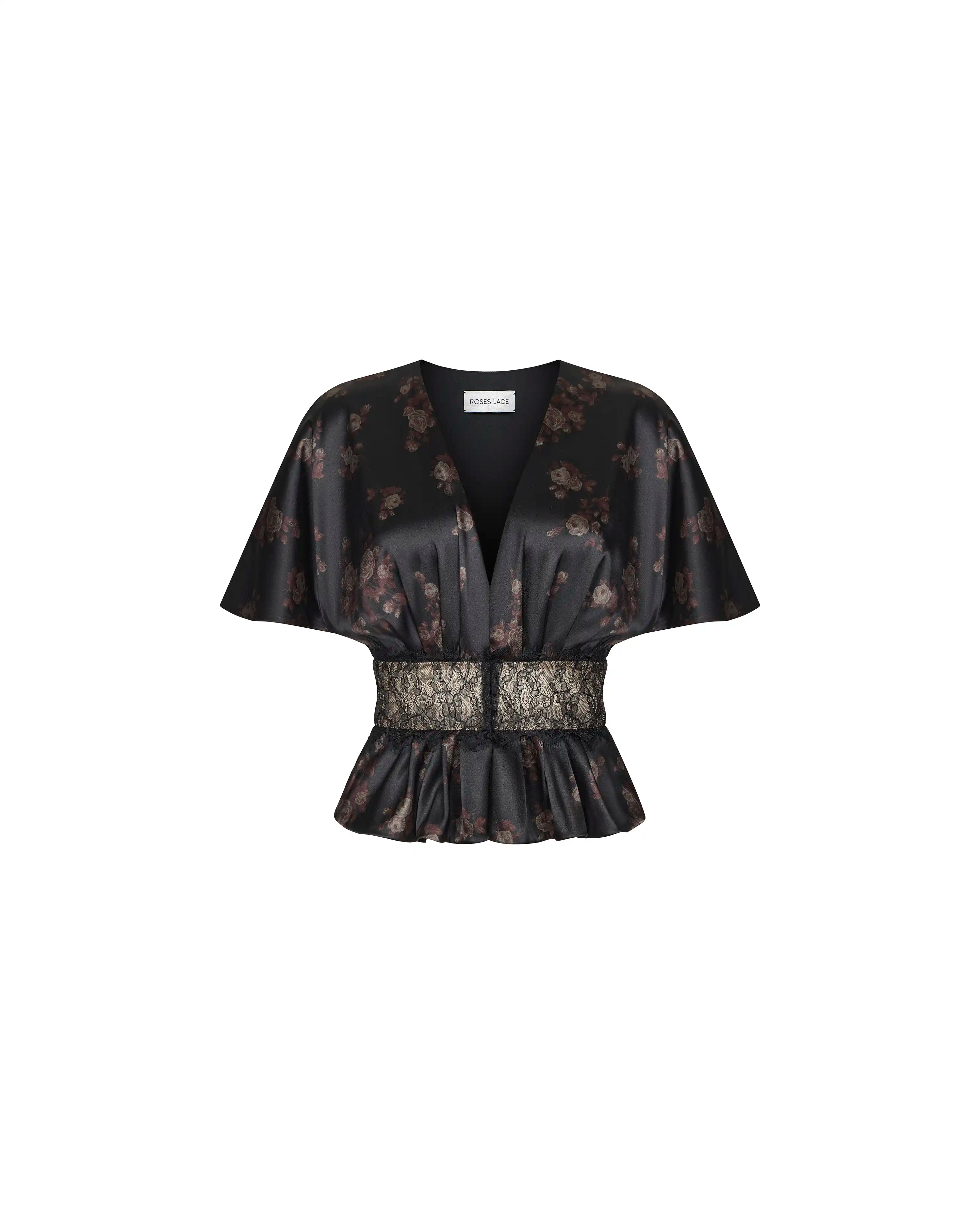 Yasmin, black satin blouse with brown flowers